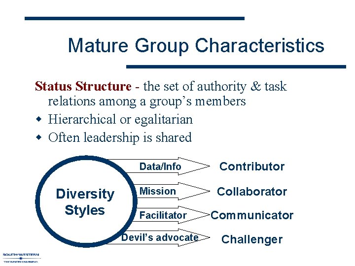 Mature Group Characteristics Status Structure - the set of authority & task relations among