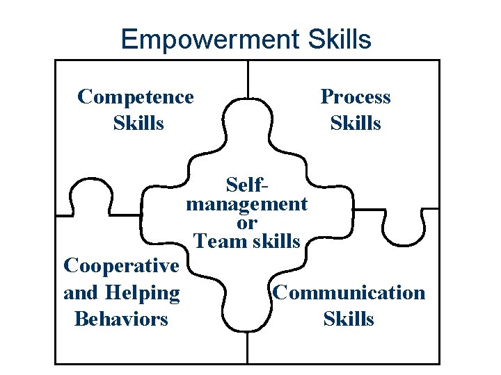 Empowerment Skills Competence Skills Cooperative and Helping Behaviors Process Skills Selfmanagement or Team skills