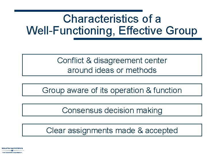 Characteristics of a Well-Functioning, Effective Group Conflict & disagreement center around ideas or methods