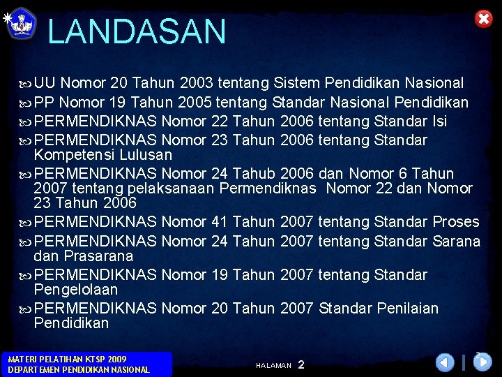 LANDASAN UU Nomor 20 Tahun 2003 tentang Sistem Pendidikan Nasional PP Nomor 19 Tahun