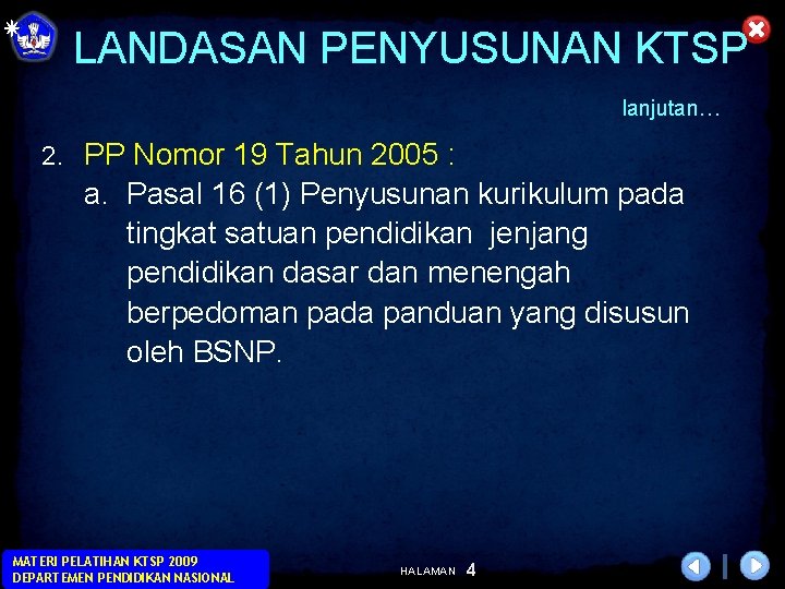 LANDASAN PENYUSUNAN KTSP lanjutan… 2. PP Nomor 19 Tahun 2005 : a. Pasal 16