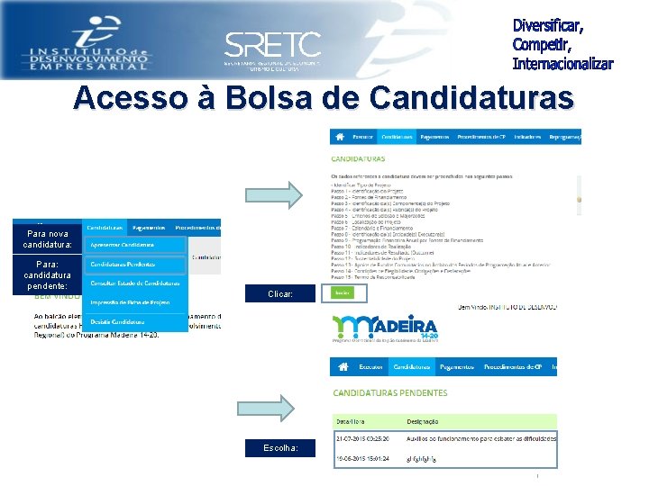 Acesso à Bolsa de Candidaturas Para nova candidatura: Para: candidatura pendente: Clicar: Escolha: 