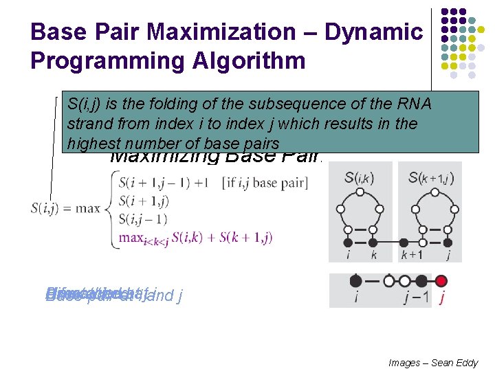 Base Pair Maximization – Dynamic Programming Algorithm S(i, j) is the folding of the