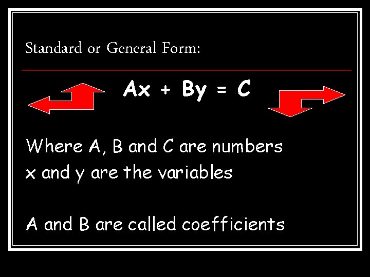 Standard or General Form: Ax + By = C Where A, B and C