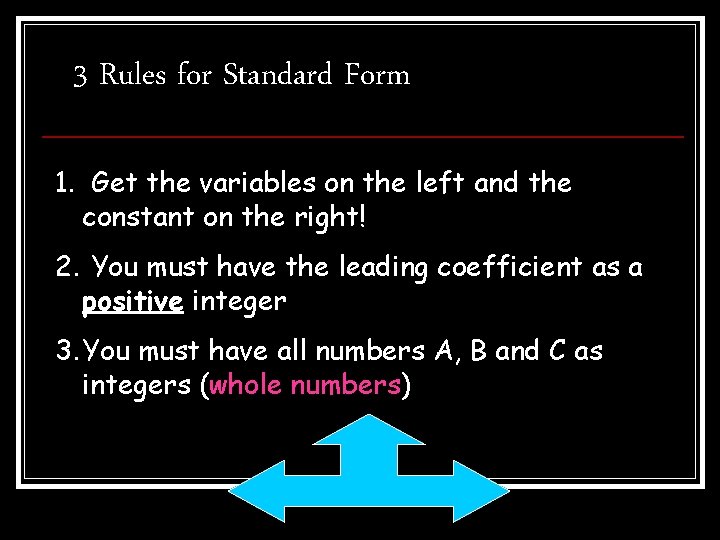 3 Rules for Standard Form 1. Get the variables on the left and the