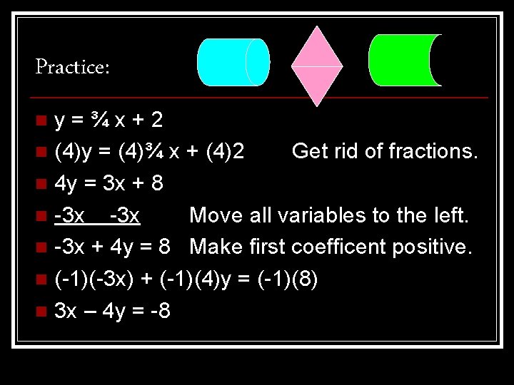 Practice: y=¾x+2 n (4)y = (4)¾ x + (4)2 Get rid of fractions. n