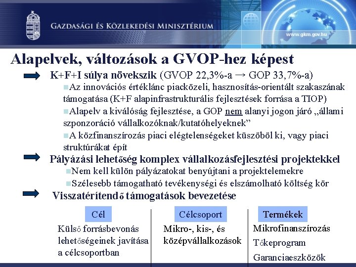 Alapelvek, változások a GVOP-hez képest K+F+I súlya növekszik (GVOP 22, 3%-a → GOP 33,