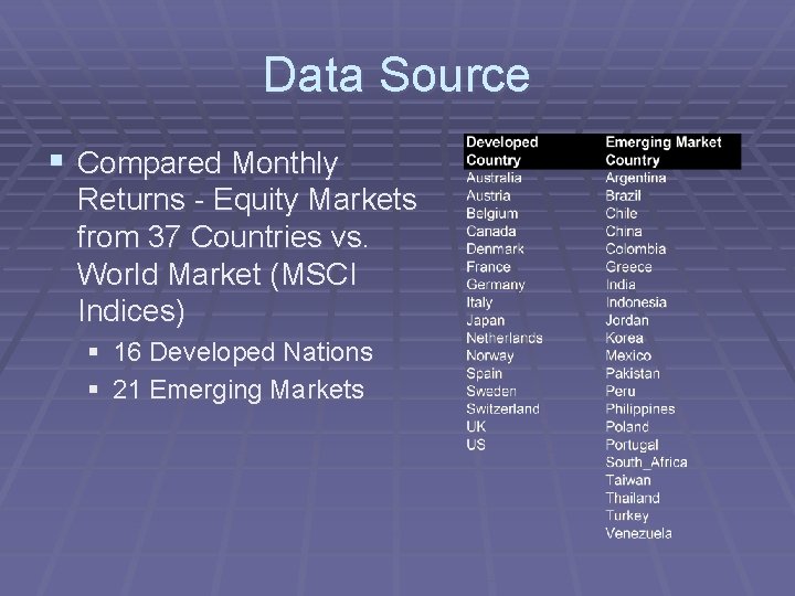 Data Source § Compared Monthly Returns - Equity Markets from 37 Countries vs. World