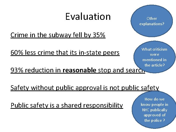 Evaluation Other explanations? Crime in the subway fell by 35% 60% less crime that