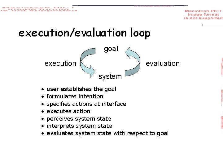 execution/evaluation loop goal execution evaluation system • • user establishes the goal formulates intention