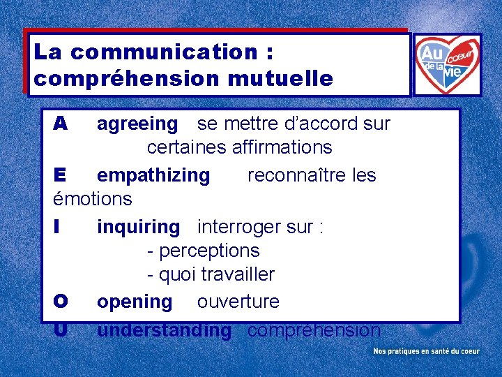 La communication : compréhension mutuelle A agreeing se mettre d’accord sur certaines affirmations E