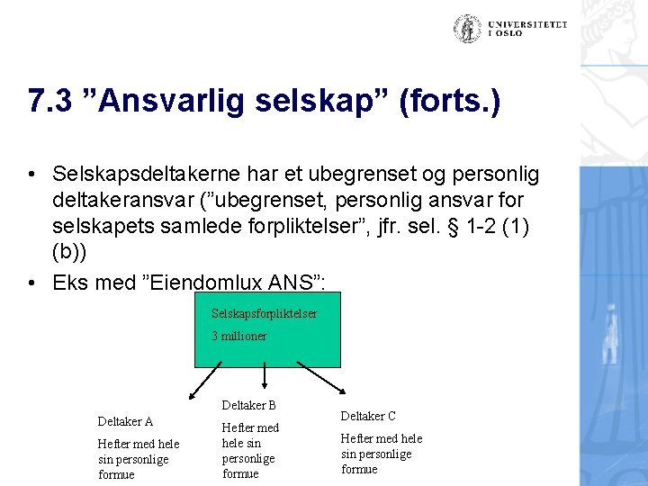 7. 3 ”Ansvarlig selskap” (forts. ) • Selskapsdeltakerne har et ubegrenset og personlig deltakeransvar