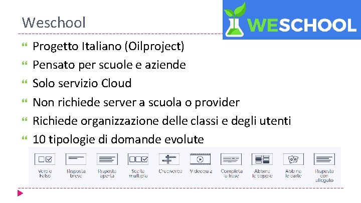 Weschool Progetto Italiano (Oilproject) Pensato per scuole e aziende Solo servizio Cloud Non richiede