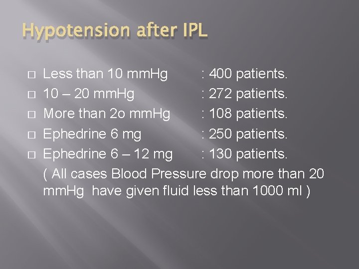 Hypotension after IPL � � � Less than 10 mm. Hg : 400 patients.