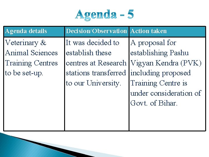 Agenda details Decision/Observation Action taken Veterinary & Animal Sciences Training Centres to be set-up.