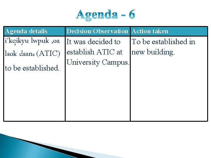 Agenda details Decision/Observation Action taken i'kqikyu lwpuk , oa lsok dsanz (ATIC) It was