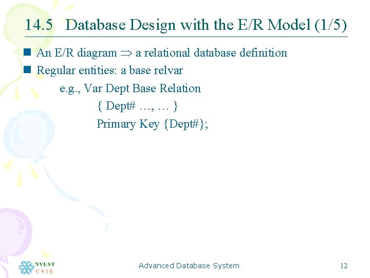 14. 5 Database Design with the E/R Model (1/5) n An E/R diagram a