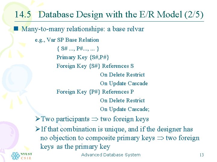 14. 5 Database Design with the E/R Model (2/5) n Many-to-many relationships: a base