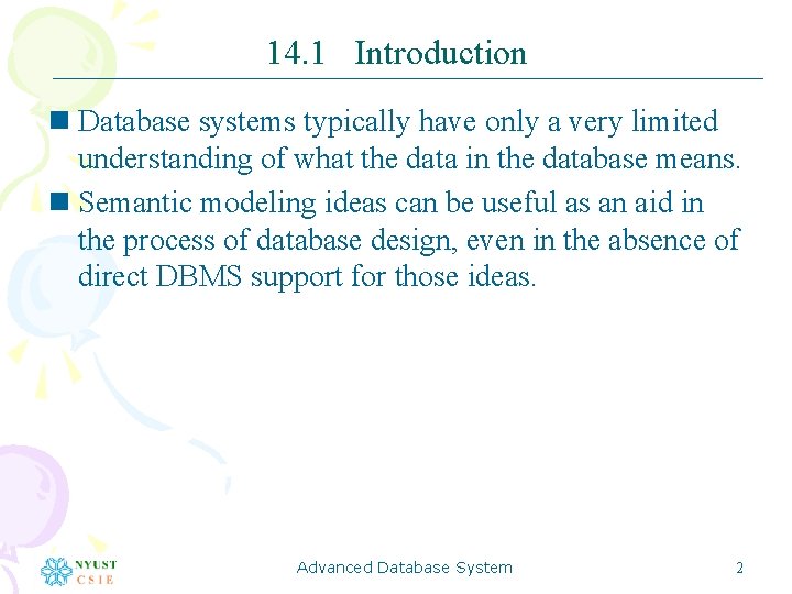 14. 1 Introduction n Database systems typically have only a very limited understanding of