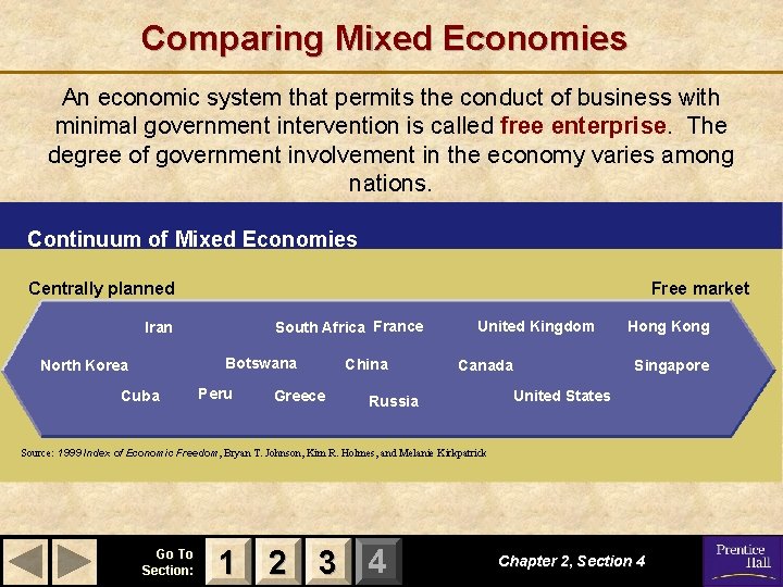 Comparing Mixed Economies An economic system that permits the conduct of business with minimal