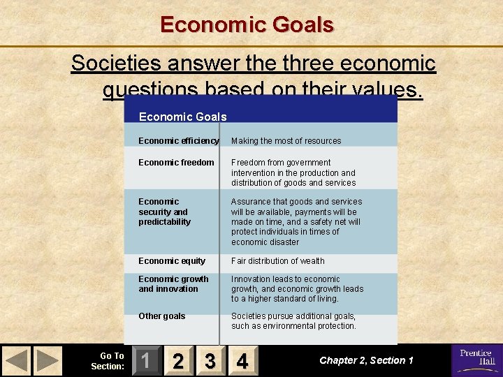 Economic Goals Societies answer the three economic questions based on their values. Economic Goals