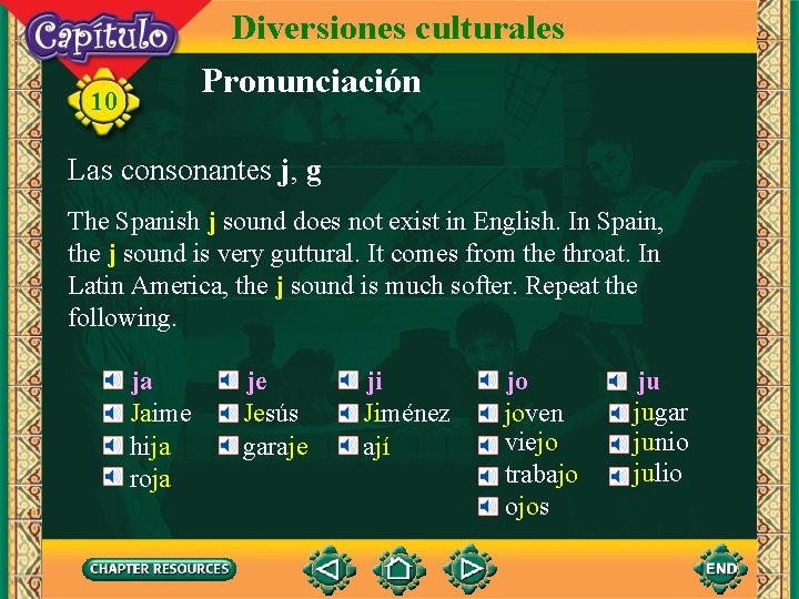 Diversiones culturales Pronunciación 10 Las consonantes j, g The Spanish j sound does not