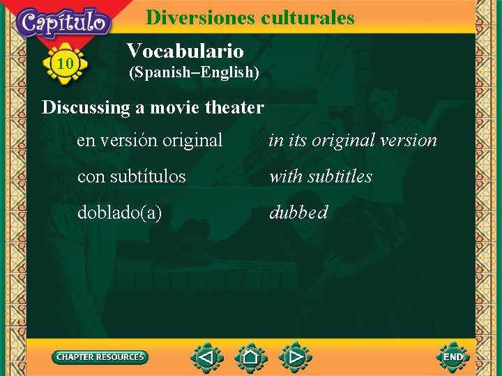 10 Diversiones culturales Vocabulario (Spanish–English) Discussing a movie theater en versión original in its