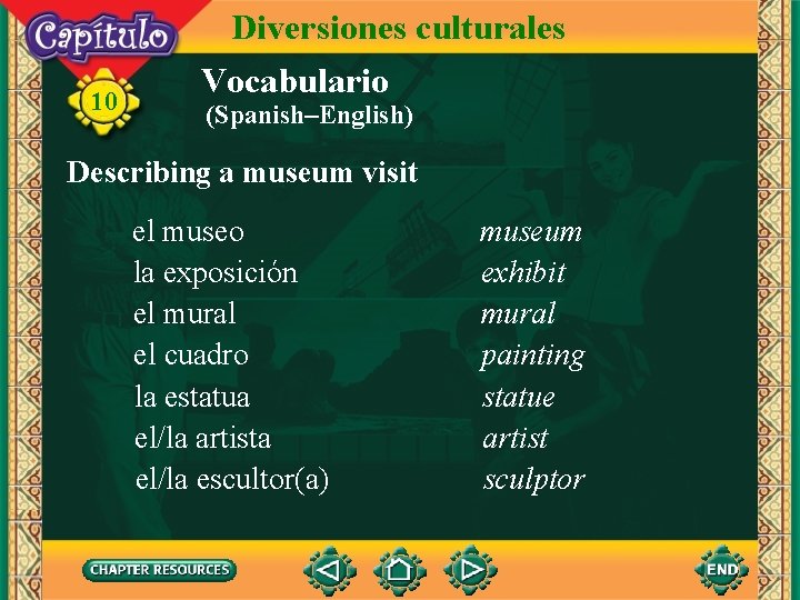 10 Diversiones culturales Vocabulario (Spanish–English) Describing a museum visit el museo la exposición el