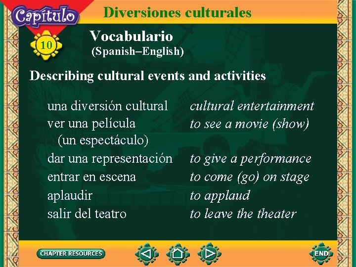 10 Diversiones culturales Vocabulario (Spanish–English) Describing cultural events and activities una diversión cultural ver