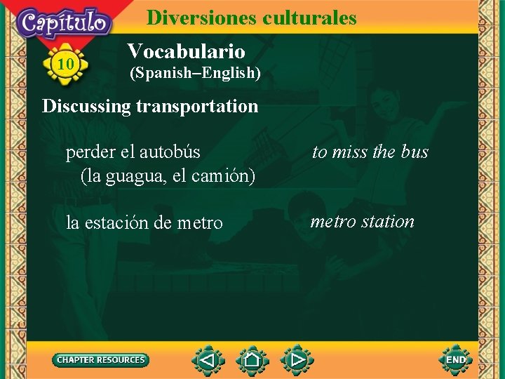 10 Diversiones culturales Vocabulario (Spanish–English) Discussing transportation perder el autobús (la guagua, el camión)