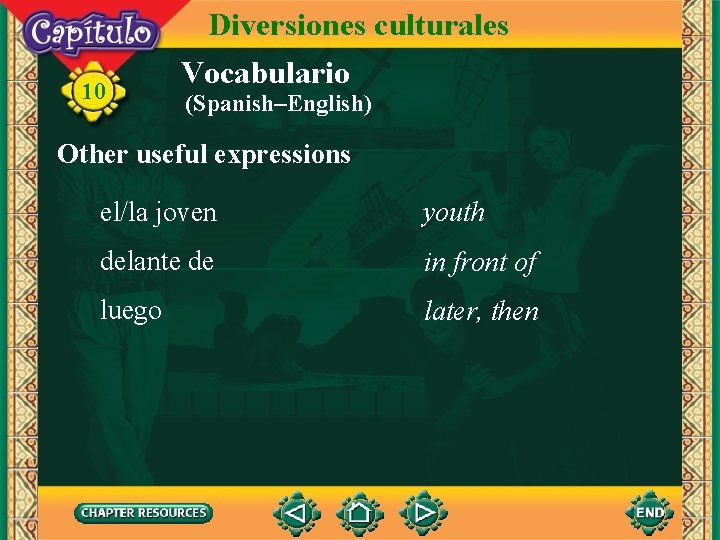 10 Diversiones culturales Vocabulario (Spanish–English) Other useful expressions el/la joven youth delante de in