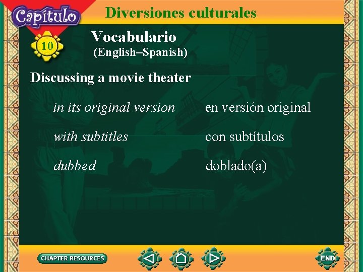 10 Diversiones culturales Vocabulario (English–Spanish) Discussing a movie theater in its original version en