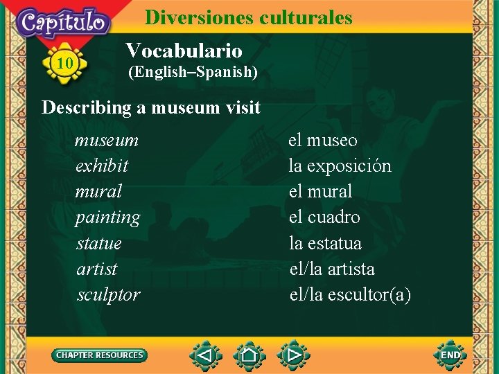 10 Diversiones culturales Vocabulario (English–Spanish) Describing a museum visit museum exhibit mural painting statue