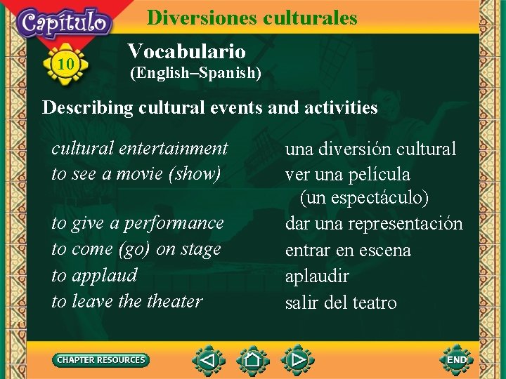 10 Diversiones culturales Vocabulario (English–Spanish) Describing cultural events and activities cultural entertainment to see