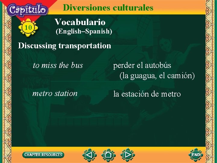 10 Diversiones culturales Vocabulario (English–Spanish) Discussing transportation to miss the bus perder el autobús
