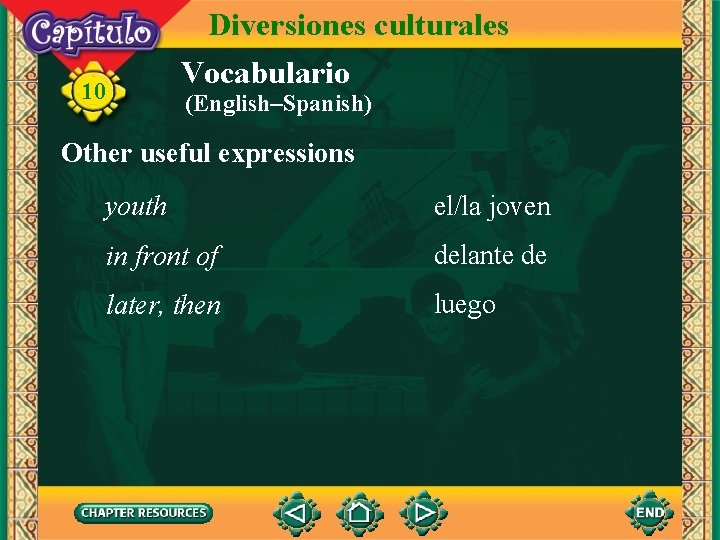 10 Diversiones culturales Vocabulario (English–Spanish) Other useful expressions youth el/la joven in front of