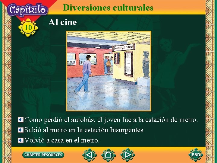 10 Diversiones culturales Al cine Como perdió el autobús, el joven fue a la