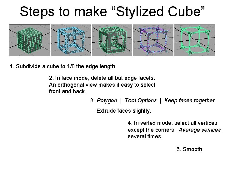 Steps to make “Stylized Cube” 1. Subdivide a cube to 1/8 the edge length