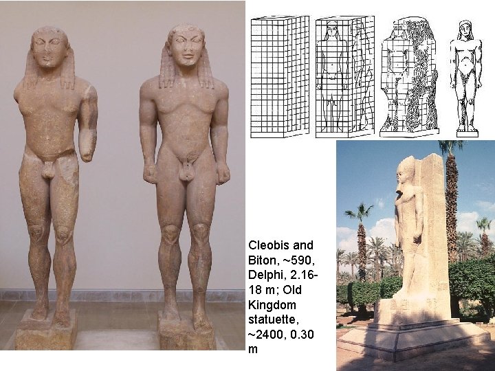 Cleobis and Biton, ~590, Delphi, 2. 1618 m; Old Kingdom statuette, ~2400, 0. 30