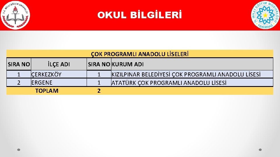 OKUL BİLGİLERİ ÇOK PROGRAMLI ANADOLU LİSELERİ SIRA NO 1 2 İLÇE ADI ÇERKEZKÖY ERGENE