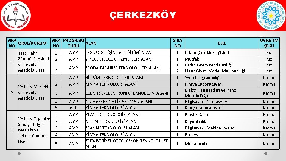ÇERKEZKÖY SIRA PROGRAM SIRA OKUL/KURUM ALAN DAL NO NO TÜRÜ NO AMP ÇOCUK GELİŞİMİ