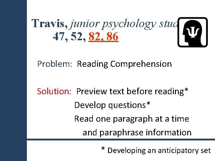 Travis, junior psychology student 47, 52, 86 Problem: Reading Comprehension Solution: Preview text before