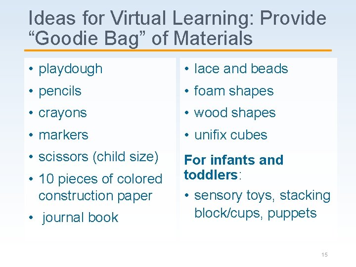 Ideas for Virtual Learning: Provide “Goodie Bag” of Materials • playdough • lace and