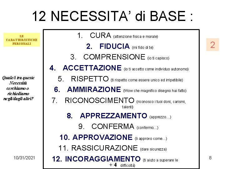 12 NECESSITA’ di BASE : LE CARATTER/ISTICHE PERSONALI Quale/i tra queste Necessità cerchiamo o