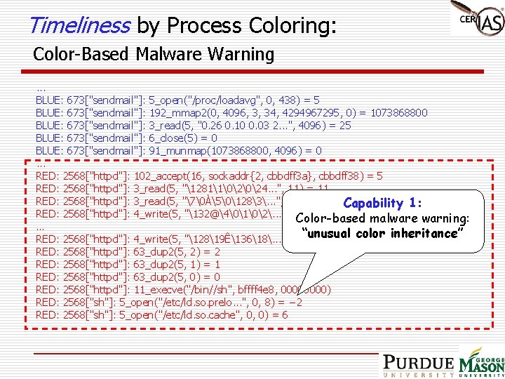 Timeliness by Process Coloring: Color-Based Malware Warning. . . BLUE: 673["sendmail"]: 5_open("/proc/loadavg", 0, 438)