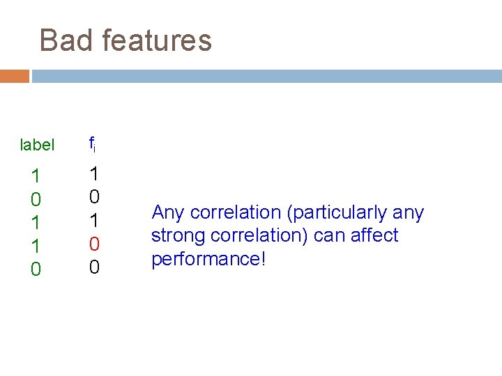 Bad features label fi 1 0 1 0 1 0 0 Any correlation (particularly