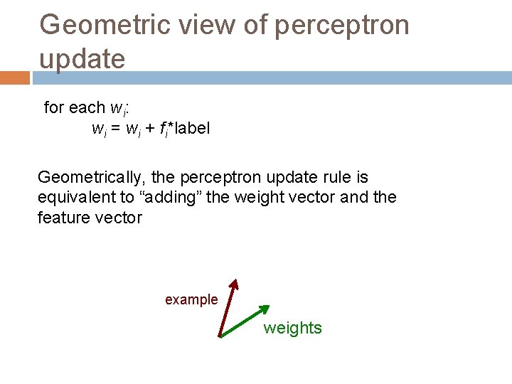 Geometric view of perceptron update for each wi: wi = wi + fi*label Geometrically,