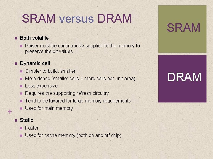 SRAM versus DRAM Both volatile + SRAM Power must be continuously supplied to the