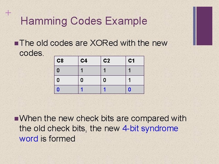 + Hamming Codes Example The old codes are XORed with the new codes. When