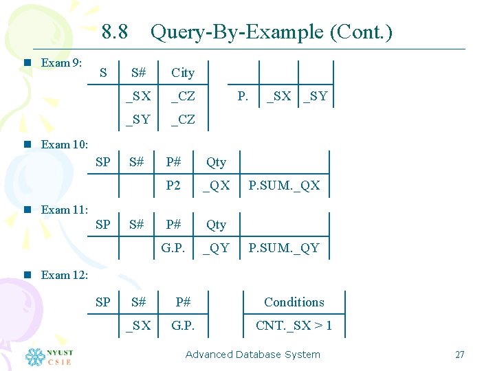 8. 8 Query-By-Example (Cont. ) n Exam 9: S S# City _SX _CZ _SY